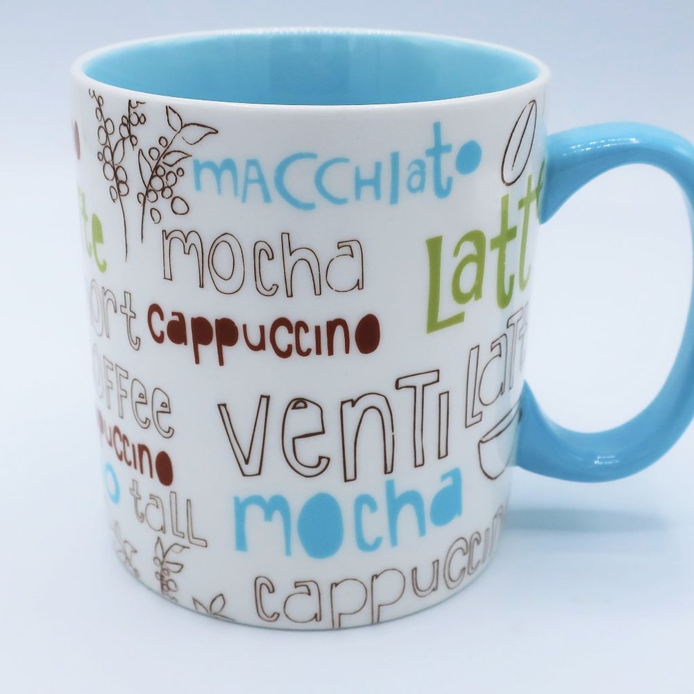 Collectible 2007 Starbucks 16oz. Large Coffee Tea Mug Word Collage Blue & White
